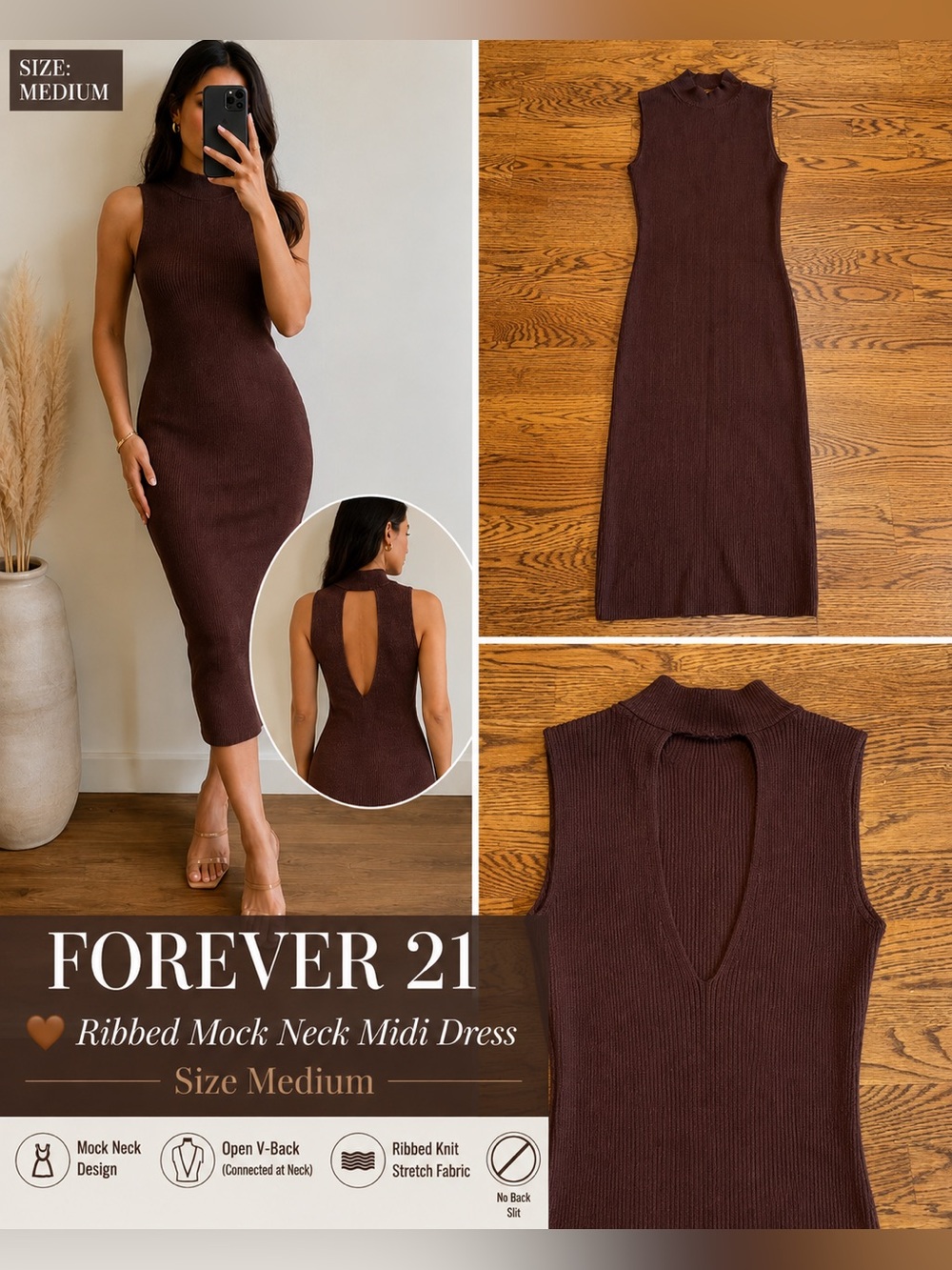 Forever 21 Brown Ribbed Mock Neck Midi Dress Open Back Detail Size Medium